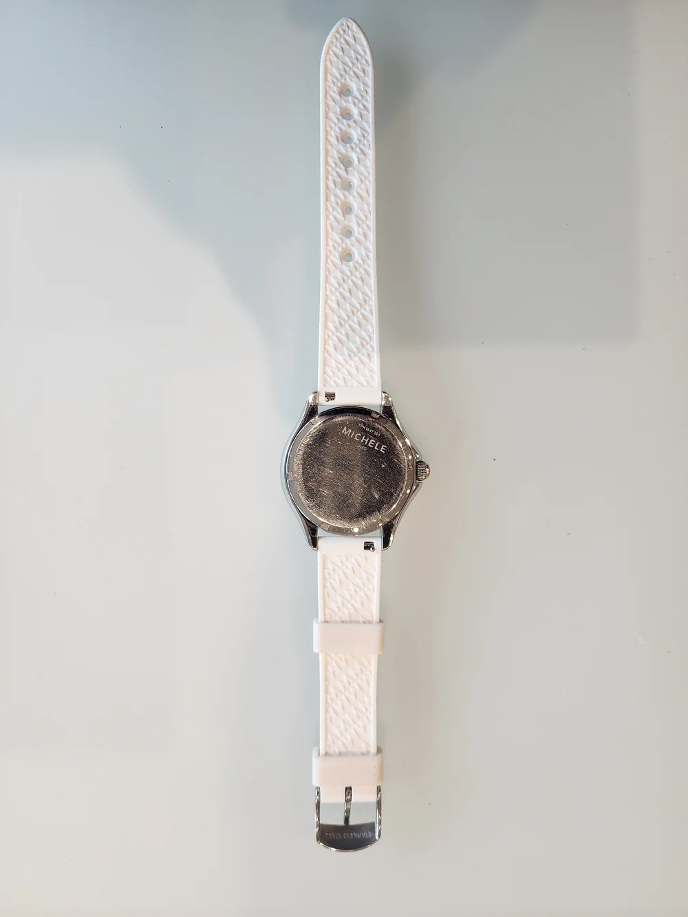 Michele White Silicone Strap Watch with Silver Dial and Crystal Markers